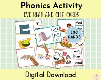 Puede incluir: Un conjunto de 108 tarjetas de lectura y clip CVC (consonante-vocal-consonante) coloridas para el aprendizaje de la fonética. Las tarjetas presentan diversas imágenes y palabras como "rip", "pod", "pup", "hut", "fed", "mud", "tug", "hat", "tip", "wig", "hen" y "wed".