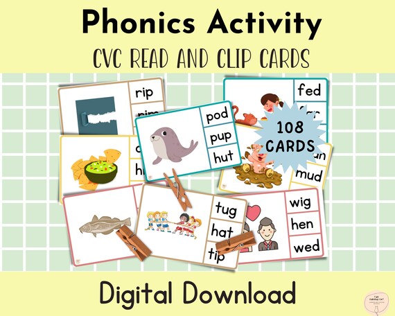 CVC Phonics Activity, Literacy Centre Game, Phonics Match and Clip Cards, CVC Pictures & Words, Early Reading Kindergarten, Digital Download