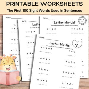 May include: Printable worksheets for learning the first 100 sight words. The worksheets feature a giraffe illustration and a "Letter Mix-Up!" activity where students unscramble letters to spell words.