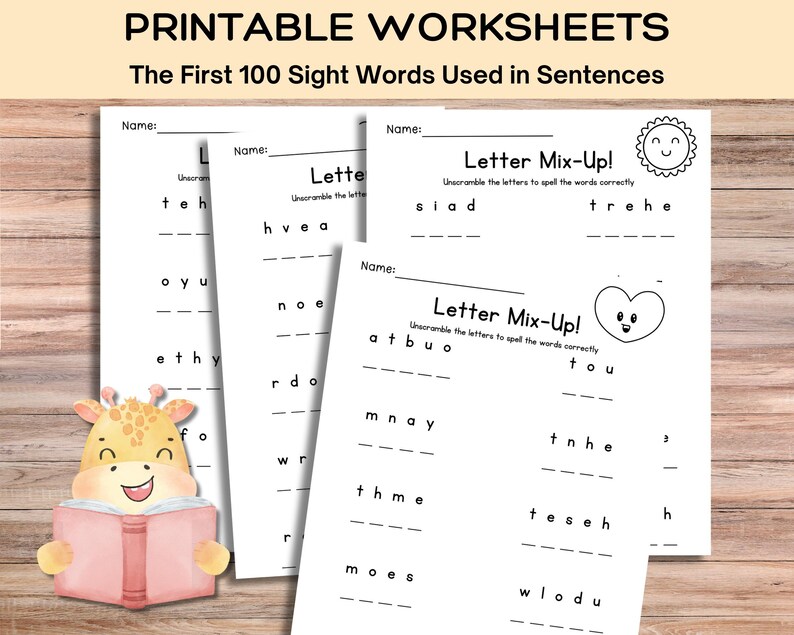 May include: Printable worksheets for learning the first 100 sight words. The worksheets feature a giraffe illustration and a "Letter Mix-Up!" activity where students unscramble letters to spell words.