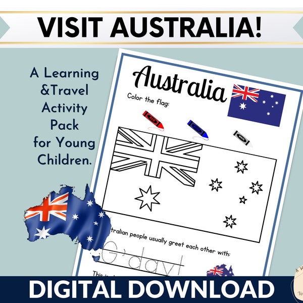 Country Study Printable, Travel Activity, Australia Learning & Travel pack for Young Children; Kids Educational Printable; Instant Download