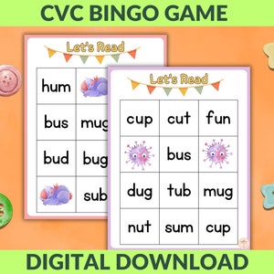 Phonics CVC para jardim de infância, creche, alfabetização, bingo e jogos de cartas CVC, jovens leitores, famílias de palavras, jogo de leitura curto para impressão 'u'