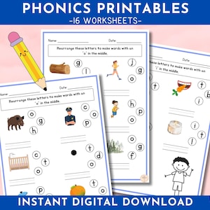 Könnte beinhalten: Drei druckbare Arbeitsblätter für Kinder, um die Phonetik zu üben. Jedes Arbeitsblatt enthält ein Bild und eine Reihe von Buchstaben, die neu angeordnet werden müssen, um ein Wort mit einem bestimmten Vokal in der Mitte zu bilden. Die Arbeitsblätter sind mit "Phonics Printables - 16 Worksheets" betitelt.