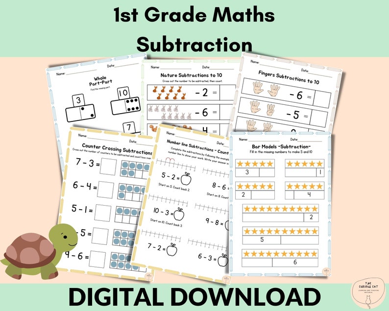 May include: A collection of printable 1st Grade Maths subtraction worksheets. The worksheets include various subtraction methods, such as number lines, bar models, and counter crossing. The image also includes the text "DIGITAL DOWNLOAD".