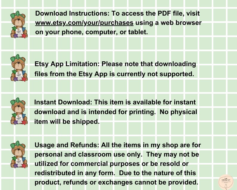 Puede incluir: Instrucciones de descarga para un producto digital. Para acceder al archivo PDF, visita www.etsy.com/your/purchases usando un navegador web en tu tel&eacute;fono, computadora o tableta. Limitaci&oacute;n de la aplicaci&oacute;n Etsy: Ten en cuenta que la descarga de archivos desde la aplicaci&oacute;n Etsy no est&aacute; actualmente admitida. Descarga instant&aacute;nea: Este art&iacute;culo est&aacute; disponible para descarga instant&aacute;nea y est&aacute; destinado a la impresi&oacute;n. No se enviar&aacute; ning&uacute;n art&iacute;culo f&iacute;sico. Uso y reembolsos: Todos los art&iacute;culos de mi tienda son para uso personal y en el aula &uacute;nicamente. No se pueden utilizar para fines comerciales o revenderse o redistribuirse de ninguna forma. Debido a la naturaleza de este producto, no se pueden proporcionar reembolsos o cambios.