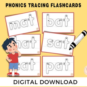Phonics Tracing Flashcards, CVC-woordfamilies Lees-, schrijf- en spellingkaarten voor kleuterscholen en kinderdagverblijven. Directe digitale download