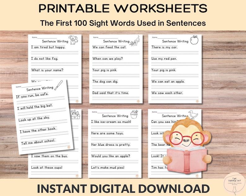 First 100 Fry Sight Words Learning Bundle: 30 Pages of Fun Sentences, Spelling, and Activities for Kids; Home learning, Literacy Worksheets image 3