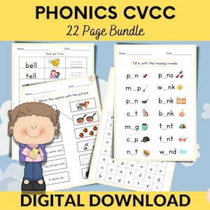 May include: A digital download for a 22-page phonics activity bundle for kids. The image shows a sample page with a fill-in-the-blank activity for CVCC words. The words are illustrated with pictures. The title of the bundle is "Phonics CVCC 22 Page Bundle".