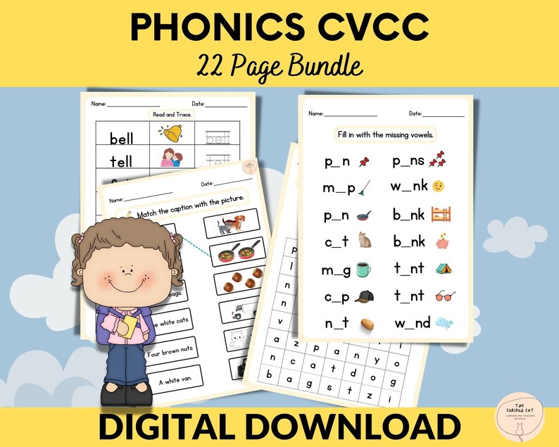 May include: A digital download for a 22-page phonics activity bundle for kids. The image shows a sample page with a fill-in-the-blank activity for CVCC words. The words are illustrated with pictures. The title of the bundle is "Phonics CVCC 22 Page Bundle".