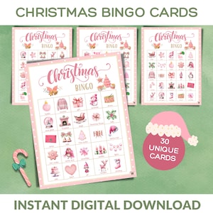 Jogo de Bingo de Natal Rosa; Atividade de cartelas de bingo para toda a família; Atividade em sala de aula; Download Digital Instantâneo; Bingo para impressão