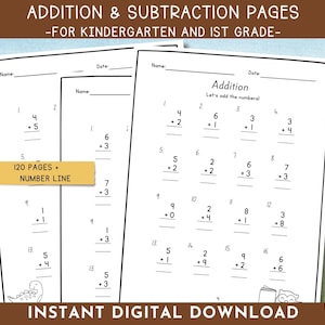 May include: Black and white printable worksheet for kindergarten and first grade students. The worksheet features addition problems with numbers 0-9. The text "Addition" and "Let's add the numbers!" is at the top of the page. The worksheet is part of a set of 120 pages.
