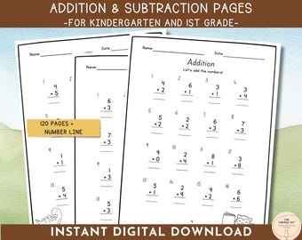 Math Worksheets,  Printable Kindergarten & 1st Grade Addition and Subtraction Pages, Printables for Homeschool, Morning Work, Mathematics