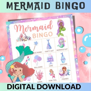 Verjaardagsfeestspel, zeemeermin bingokaarten, onder het zeefeestthema, afdrukbaar verjaardagsbingospel, meisjes en jongensfeest, digitale download