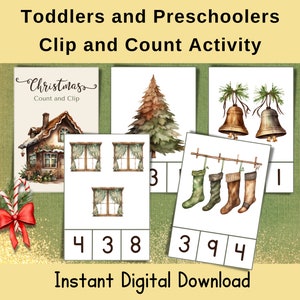 Matemáticas, actividad de conteo navideño para niños pequeños y en edad preescolar, conteo navideño vintage y tarjetas con clip; Descarga digital instantánea en PDF
