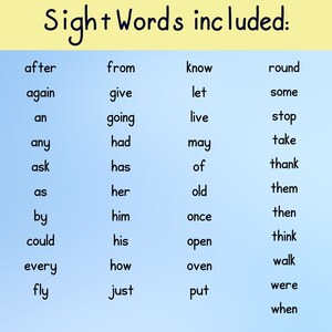 May include: A blue and white chart with the words "Sight Words included:" at the top. The chart lists 36 common sight words in alphabetical order in four columns.