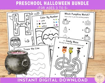 Puede incluir: Un conjunto de hojas de trabajo imprimibles con temática de Halloween para niños de preescolar, de 3 a 5 años. Las hojas de trabajo incluyen actividades como un laberinto, colorear por números, trazar líneas y hacer coincidir calabazas.