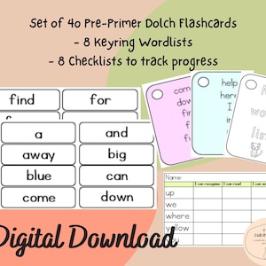 Kindergarten Sight Words Flashcards, Reading support Pre-K to Kinder Pre-Primer Dolch Sight Words, Table-top flashcards, Wordlist, Checklist