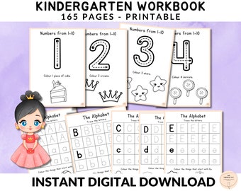 Kindergarten Prinzessinnen Arbeitsheft |  Arbeitsblätter zur Zahlenerkennung | Zählen Printables | Alphabet & Formen Morgenarbeit | Frühe Lektüre