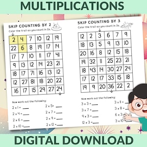 Hojas de trabajo de práctica de multiplicación de matemáticas, colorear conteo saltado, póster de multiplicación, hojas de trabajo de multiplicación del 2 al 10, 1.er a 3.er grado