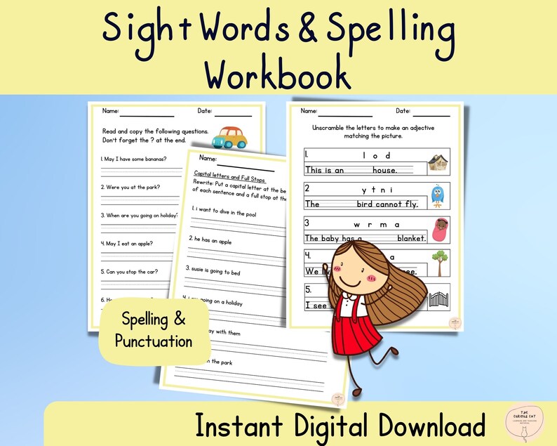May include: A printable workbook for kids to practice sight words and spelling. The workbook has two pages, one with questions about sight words and the other with a spelling activity. The workbook is designed for young learners and features colorful illustrations.