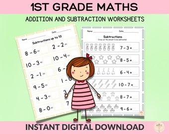 Addition and Subtraction Worksheets; Maths 1st Grade; Homeschool, Revision and Tutoring Resource;  Instant Download Math Bundle
