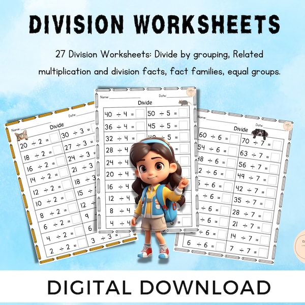 Maths Printables, Division Worksheets, Maths for 2nd and 3rd grade, Division Practice Worksheets, Instant Download