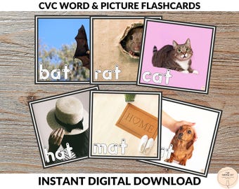Puede incluir: Conjunto de 6 tarjetas de memoria CVC con palabras e imágenes que representan un murciélago, una rata, un gato, un sombrero, una alfombra y un perro. Cada tarjeta presenta una imagen colorida y la palabra CVC correspondiente.