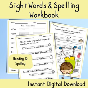 May include: A printable workbook for kids to practice sight words and spelling. The workbook includes activities such as reading, tracing, writing, and unscramble the letters to make an adjective matching the picture. The workbook has a colorful design with illustrations of a ball, a door, an apple, a robot, a house, a bird, a worm, and a blanket.