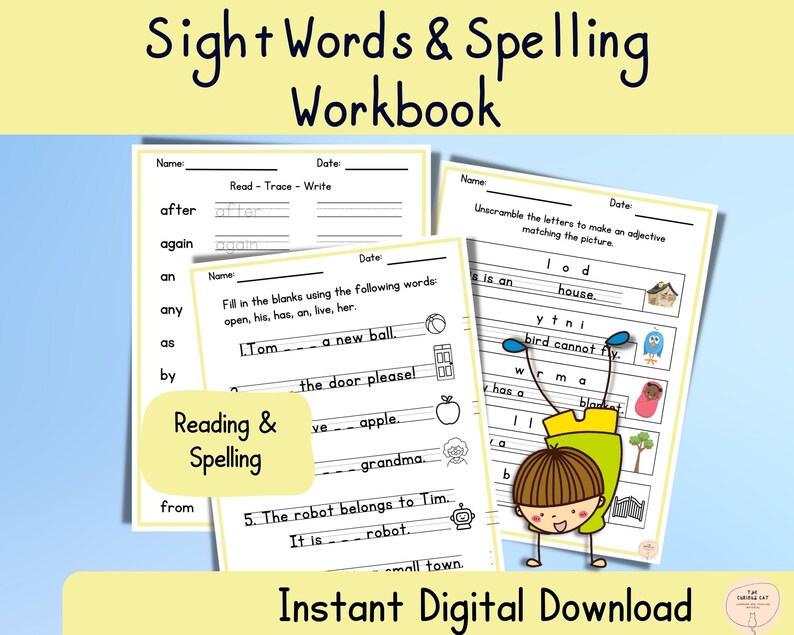 May include: A printable workbook for kids to practice sight words and spelling. The workbook includes activities such as reading, tracing, writing, and unscramble the letters to make an adjective matching the picture. The workbook has a colorful design with illustrations of a ball, a door, an apple, a robot, a house, a bird, a worm, and a blanket.