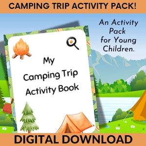 Livre d'activités de camping imprimable pour la maternelle, pages à colorier et jeux, cartes de bingo, pack d'activités à téléchargement immédiat, amusant et éducatif