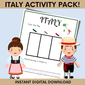 Pacote de atividades da unidade de viagens e estudos da Itália, explorando a Itália para jovens aventureiros, download instantâneo, jardim de infância, ideia de viagem para crianças pequenas