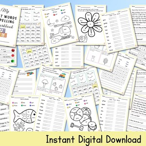 May include: A printable workbook for kids to practice sight words and spelling. The workbook has colorful pages with various activities, including word searches, coloring pages, and fill-in-the-blank exercises. The cover features a colorful alphabet block design and the title "My Sight Words & Spelling Workbook".