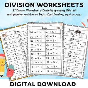 Maths Printable |  Division Practice Worksheets | 2nd and 3rd grade Homeschool Learning |  Printouts | Teaching Resource | Instant Download