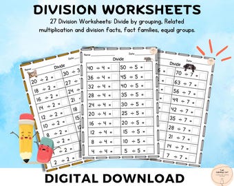 Maths Printable |  Division Practice Worksheets | 2nd and 3rd grade Homeschool Learning |  Printouts | Teaching Resource | Instant Download