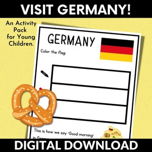 May include: A printable worksheet for kids to learn about Germany. It features a black and white outline of the German flag to color, a pretzel, and the text "This is how we say 'Good morning' in German."