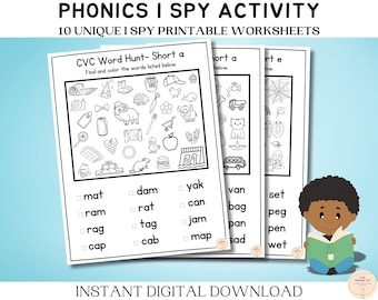 Phonics CVC Printables, Kindergarten Phonics Printouts, Pre-K Picture Hunt Phonics Printable Activity, Kindergarten Homeschool Worksheets