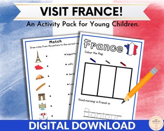 France Learning Pack for Kids | Printable Worksheets & Activities | Explore Paris | French Culture | Bingo, Memory Game | Digital Download