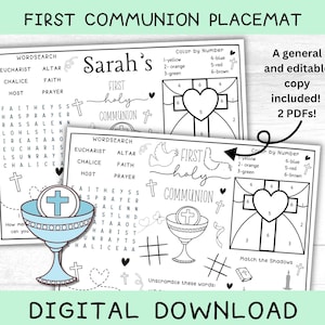 Placemat de actividad de primera comunión, archivos digitales generales y personalizados, tapete para colorear de la Sagrada Comunión imprimible, fiesta de la Primera Comunión