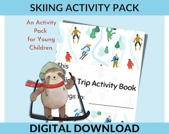 Op de afbeelding: Een digitale download van een ski-activiteitenpakket voor jonge kinderen. De omslag toont een luiaard met een hoed en sjaal op ski's, met een ski-reisactiviteitenboek. De tekst luidt "Skiing Activity Pack" en "Digital Download."