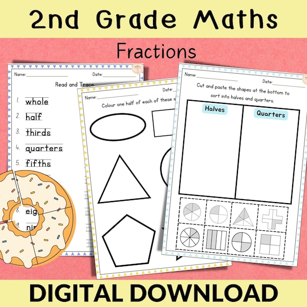 Maths Printables, Maths Worksheets,  Fractions Worksheets for 2nd, 3rd Grade Maths, Home School Resource,  Revision and Homework Maths