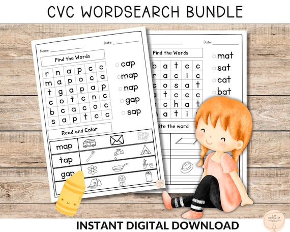 Phonics CVC Worksheets, Word Searches, Preschool Kindergarten Phonics Reading & Spelling Printables, Printable Activity, Instant Download