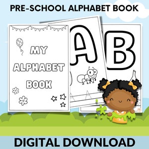 Jardim de infância, planilhas de creche, livro para colorir e traçar alfabeto infantil, letras e imagens, prática de escrita, download digital instantâneo