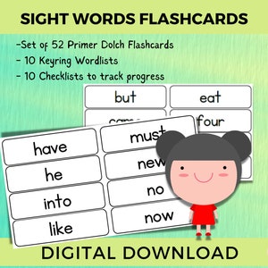 Mots à vue pour la maternelle, cartes-éclair sur les mots Dolch Sight, listes de mots, listes de contrôle, fiches de lecture, mots courants, orthographe et vocabulaire