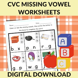 Phonics Worksheets, Middle Sound Practice, Kindergarten Reading & Spelling, Homeschool Phonics Resource, Spelling Activity