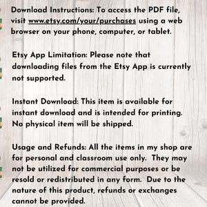Puede incluir: Instrucciones de descarga para un producto digital. El texto explica c&oacute;mo acceder al archivo PDF en Etsy.com. Tambi&eacute;n menciona que la descarga de archivos desde la aplicaci&oacute;n Etsy no est&aacute; actualmente admitida. El texto tambi&eacute;n indica que el art&iacute;culo est&aacute; disponible para descarga instant&aacute;nea y est&aacute; destinado a la impresi&oacute;n. Tambi&eacute;n indica que no se enviar&aacute; ning&uacute;n art&iacute;culo f&iacute;sico. El texto tambi&eacute;n indica que los art&iacute;culos de la tienda son solo para uso personal y en el aula. No se pueden utilizar para fines comerciales o revenderse o redistribuirse de ninguna forma. Debido a la naturaleza de este producto, no se pueden proporcionar reembolsos o cambios.
