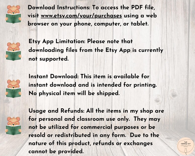 Puede incluir: Instrucciones de descarga para un producto digital. El texto explica c&oacute;mo acceder al archivo PDF en Etsy.com. Tambi&eacute;n menciona que la descarga de archivos desde la aplicaci&oacute;n Etsy no est&aacute; actualmente admitida. El texto tambi&eacute;n indica que el art&iacute;culo est&aacute; disponible para descarga instant&aacute;nea y est&aacute; destinado a la impresi&oacute;n. Tambi&eacute;n indica que no se enviar&aacute; ning&uacute;n art&iacute;culo f&iacute;sico. El texto tambi&eacute;n indica que los art&iacute;culos de la tienda son solo para uso personal y en el aula. No se pueden utilizar para fines comerciales o revenderse o redistribuirse de ninguna forma. Debido a la naturaleza de este producto, no se pueden proporcionar reembolsos o cambios.