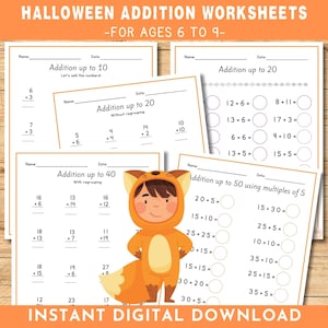 Maths Printable Halloween Worksheets, Addition Worksheets for 2nd and 3rd grade, Instant Download Maths Resource, Halloween Printable Maths