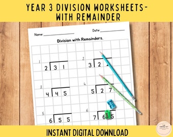 Druckbare Abteilungssummen mit Rest, Mathe-Arbeitsblätter für die 3.Klasse, Lehrmittel, Homeschool druckbare Arbeitsblätter, sofortiger Download