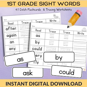 1st Grade Literacy Printable, Sight Words Reading and Spelling, Handwriting Tracing sheets, Worksheets for 1st Grade, Dolch Sight Words
