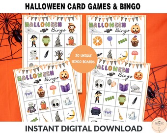 Juego imprimible para niños, tarjetas de bingo de Halloween, juegos imprimibles de Halloween para niños; juegos de bingo y cartas 3 en 1 para Halloween, descarga digital
